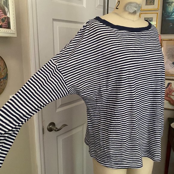 ROSSOPURO Navy & White striped Slouch nautical Tissue thin T-Shirt *LARGE* - Picture 2 of 5